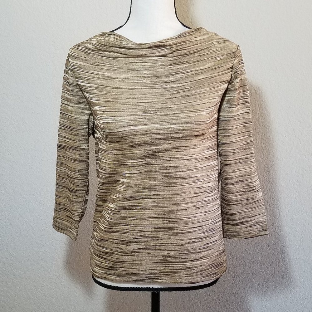 Jones New York Petite Small Blouse Gold Beige Brown 3/4 Sleeve Top SP Metallic